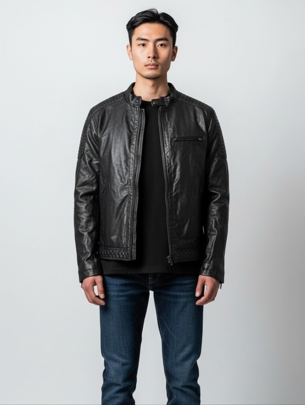 River Island Black Motorcycle Rider Leather Full Zip Quilted Men's Jacket 2XL